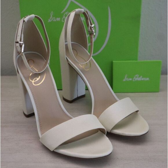 Sam Edelman Women Sz 7.5 Pearl/Ivory Satin Yaro Ankle Strap Block Heel Sandals - Picture 2 of 15